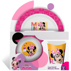 Conjunto Infantil Minnie na cor rosa estampando no copo, bowl e prato a personagem da Disney Minnie.