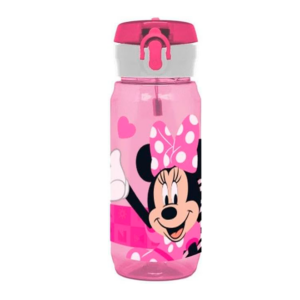 Garrafa para água Minnie com a personagem estampada e cor rosa.