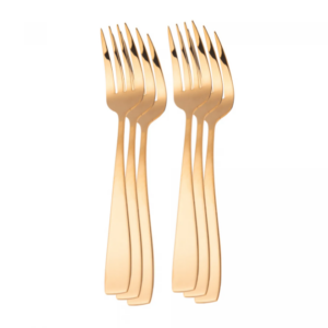 6 garfos para sobremesa dourados dispostos em 2 conjuntos de 3 garfos cada em um fundo branco.