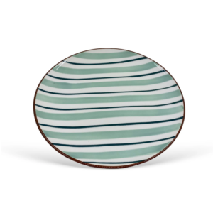 Unidade do jogo de pratos de sobremesa listrados, com listras que alternam entre azuis e verdes.
