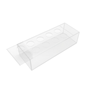 Vaso Acrílico em formato retangular com 10 furos dispostos em sua superfície em um fundo branco, medindo 25 cm x 10 cm x 6 cm